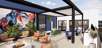 A rendering of a patio area with chairs and a fire pit